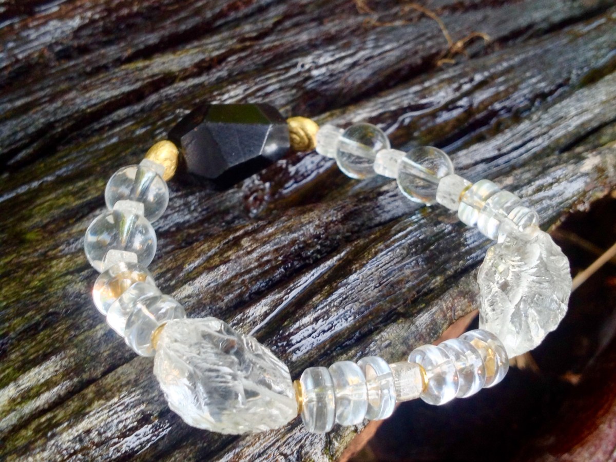 Krystaliczna piękność ALRIS – Tajemnicze Swietliste Wibracje Mitycznych Drzew Edenu – bransoletka kryształ górski + czarny turmalin Schörl + srebro 925&nbsp;pozłacane